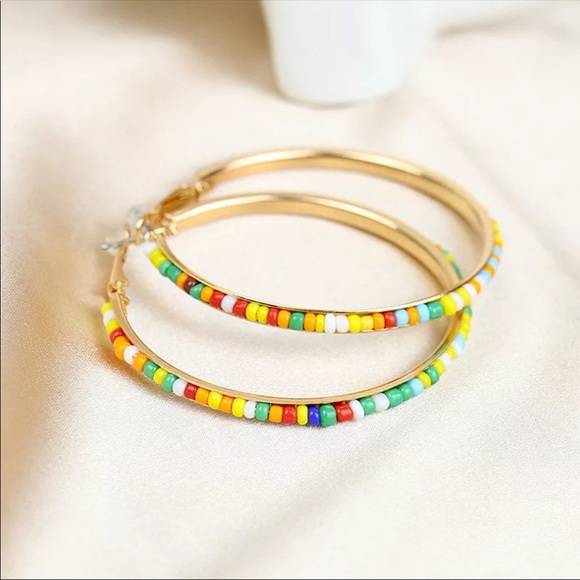 “Amara” Beaded Multicolor Ethnic Party Fiesta Festival Summer Cute Hoop Earrings - Picture 4 of 6